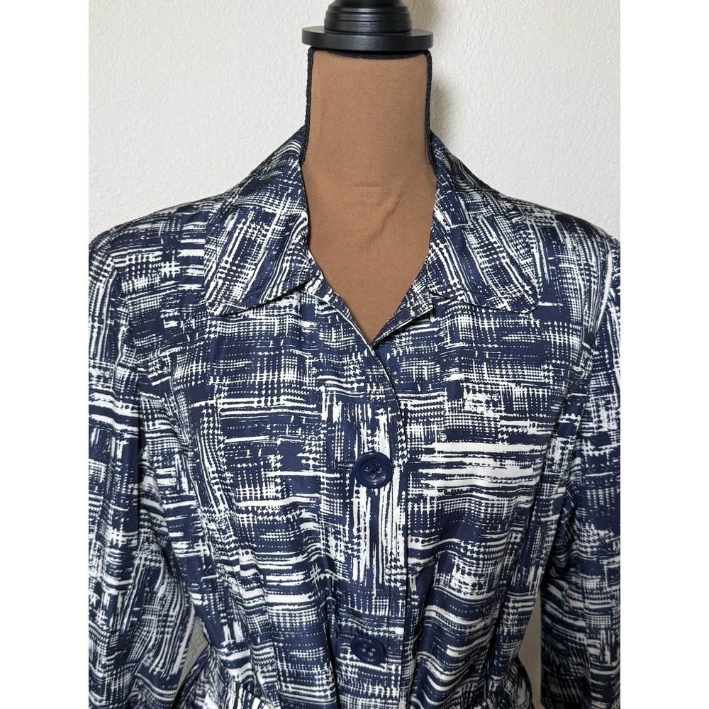 Coldwater Creek Trench Coat Blue/Cream Abstract Belted Mid Length Sz M (10-12) - Picture 2 of 16